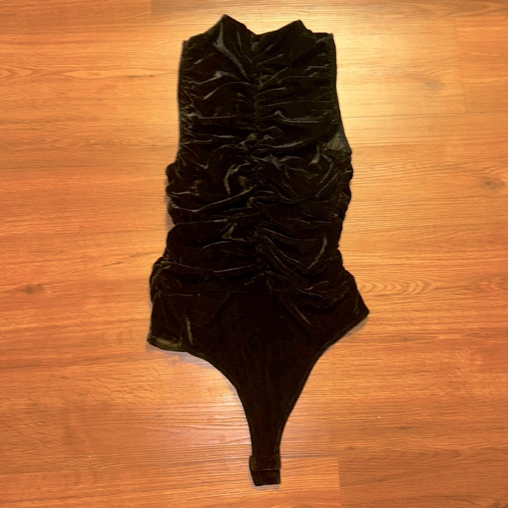 Ruched black velvet bodysuit. NWOT!
